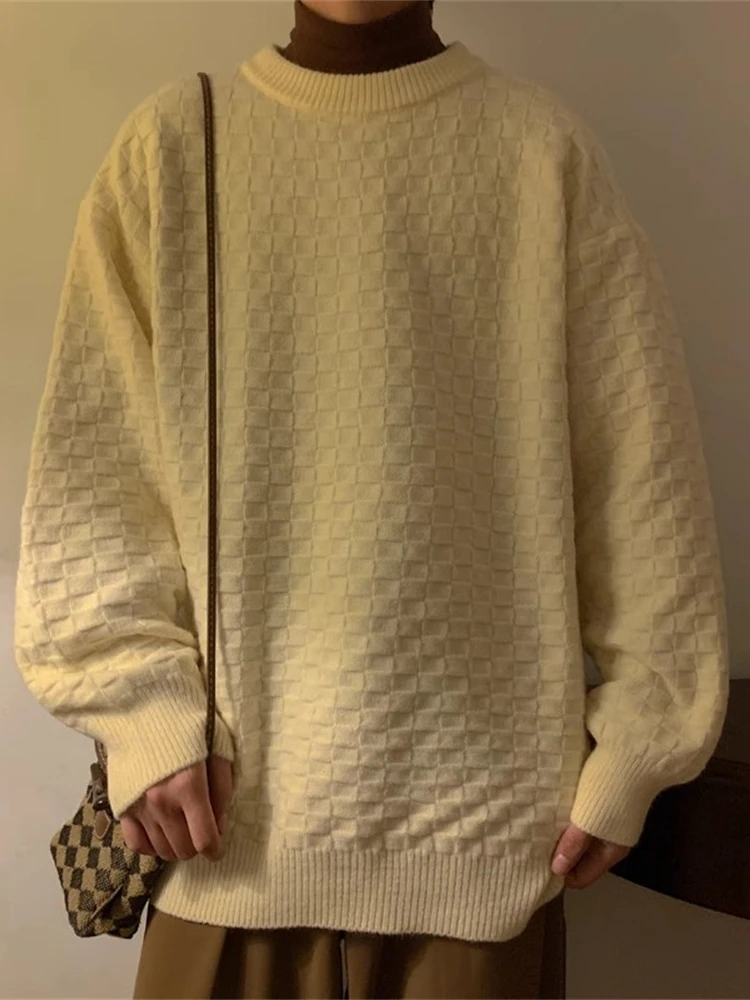 

Мужской осенне-зимний вязаный свитер в клетку с круглым вырезом, базовый слой, повседневная свободная верхняя одежда, свитер с длинными рукавами
