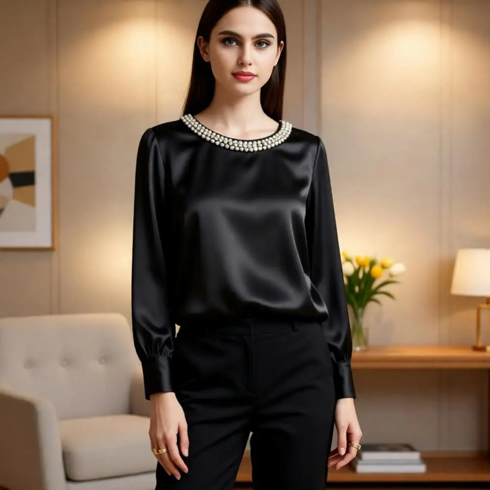 Women Tops Round Neck Long Sleeve Smooth Satin Pullover Tops Solid Color Loose Fit Faux Pearls Decor Casual Shirt Daily Wear