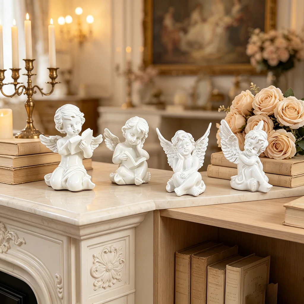Statue d'ange blanche en résine, sculpture de chérubin vintage, figurine de fée mignonne, décoration d'intérieur européenne, ornement esthétique pour étagère, artisanat