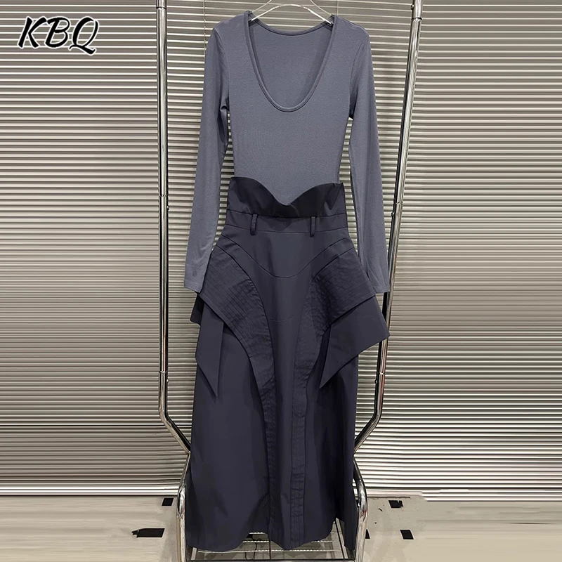 

KBQ Hit Color Slimming Minimalist Casual Dresses for Women Round Neck Long Sleeve Temperament Dress Female Fashion Winter New