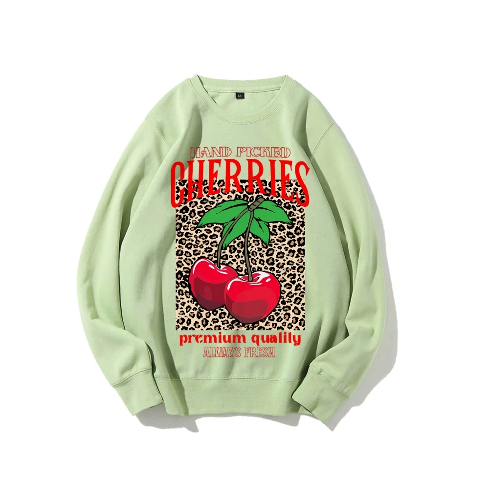 Women Crewneck Print Long Sleeve Sweatshirts Hand Picked Cherries Graphic Tops Pullover Casual Loose Fit Shirts