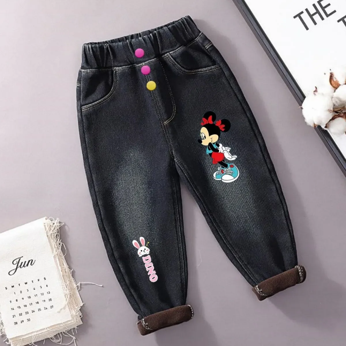 Minnie Mouse Girls Jeans 2024 Winter Baby Kids Thick Velvet Warm Denim Pants Children\'s Clothing Straight Waist Elastic Trousers