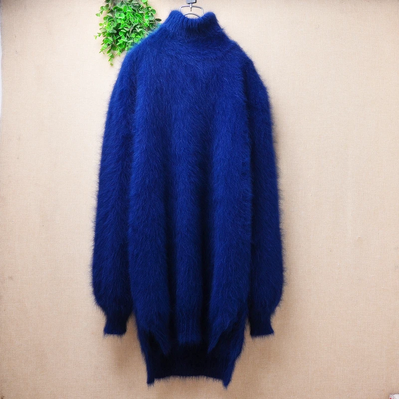 

Ladies Women Autumn Winter Blue Hairy Mink Cashmere Knitted Long Sleeves Turtleneck Split Loose Pullover Sweater Jumper Pull Top