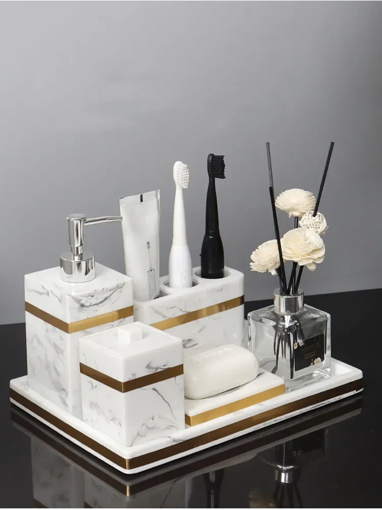 Sanitary Supplies Kit Toothbrush Rack Marble Textured Resin Products Liquid Emulsion bottles Wash Set Nordic Bathroom Accessorie