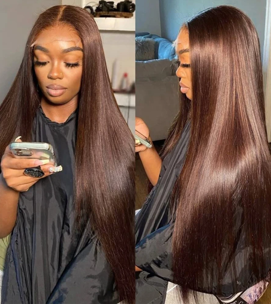 Baby Hair 180 Density Straight Brown Lace Frontal Human Hair Wigs Pre Plucked Hairline 4# Brown Color 30 Inch