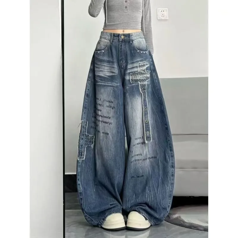 American Hot Girl Cross Rivet Adhesive Cloth Letter Bending Knife Jeans Autumn Loose Wide Leg Floor Pants