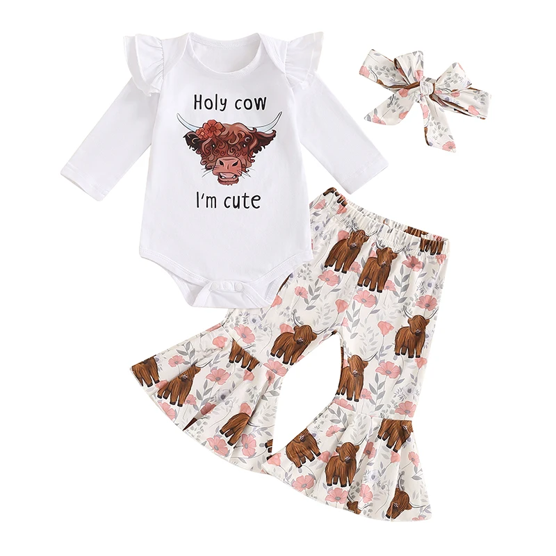 

Newborn Baby Girl Fall Outfits Holy Cow Print Long Sleeve Romper Cow Floral Flare Pants Headband Set 3Pcs Clothes