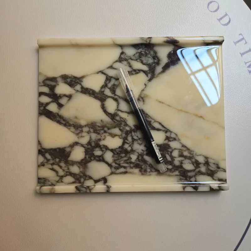 Natural Marble Light Luxury Tray, Double Curling Edge Desktop Storage Tray for Perfume, , Home Decorative Ornament
