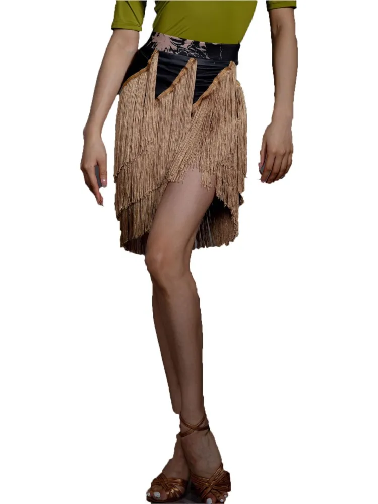 

New Latin Dance Dress Adult Training Short Multi Layered Oblique Swinging Fringe Half Skirt