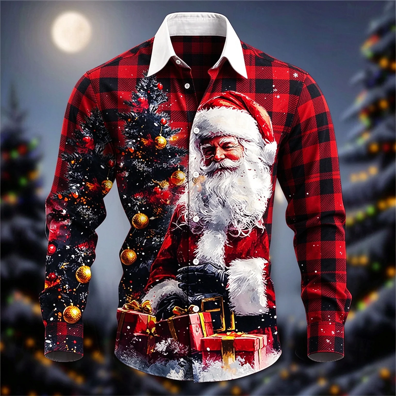 New men's Christmas shirt, retro stamp greeting card, snowflake bow print, long sleeved slim fit trendy men's shirt