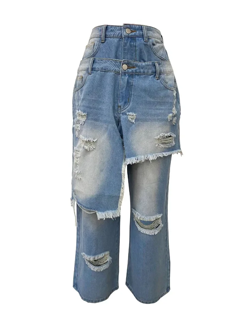 شرابة ثقوب الدنيم السراويل موضة المرقعة المرأة عالية الخصر زر يطير فضفاض مستقيم الجينز عادية الشارع الشهير بنطلون قيعان