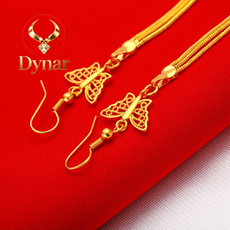 Dynar Jewelry    24K Gold Butterfly Tassel Earrings AU999 Full Gold, Three-dimensional Butterfly Wings Styling with Gold Chain T