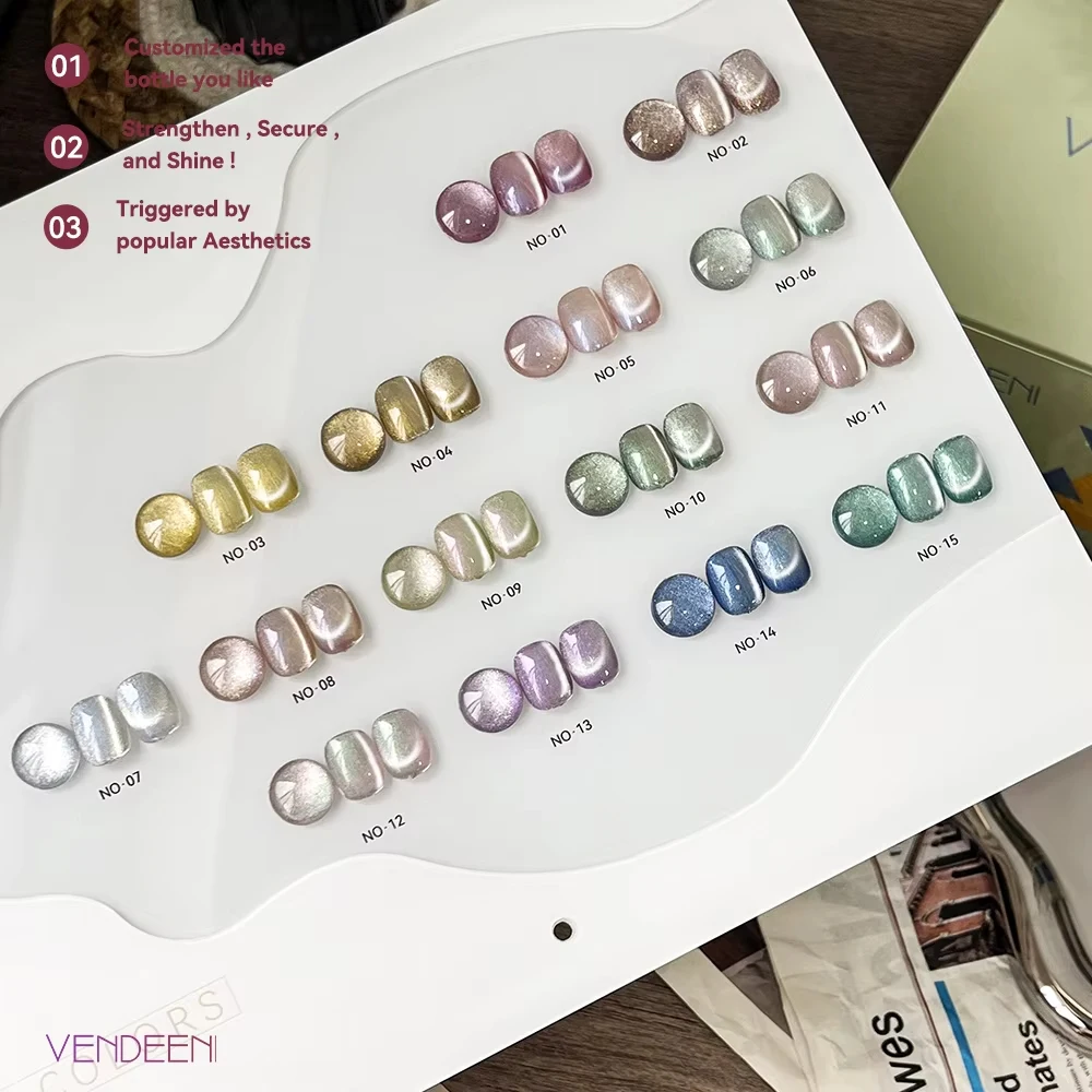 Vendeeni 15 Farben/Set Aurora Kristall Katzenaugen Gel Nagellack Glänzender Laser Nagelkunst Gel Lack Magnetischer UV Soak-Off Gel Nagellack – Detail 6