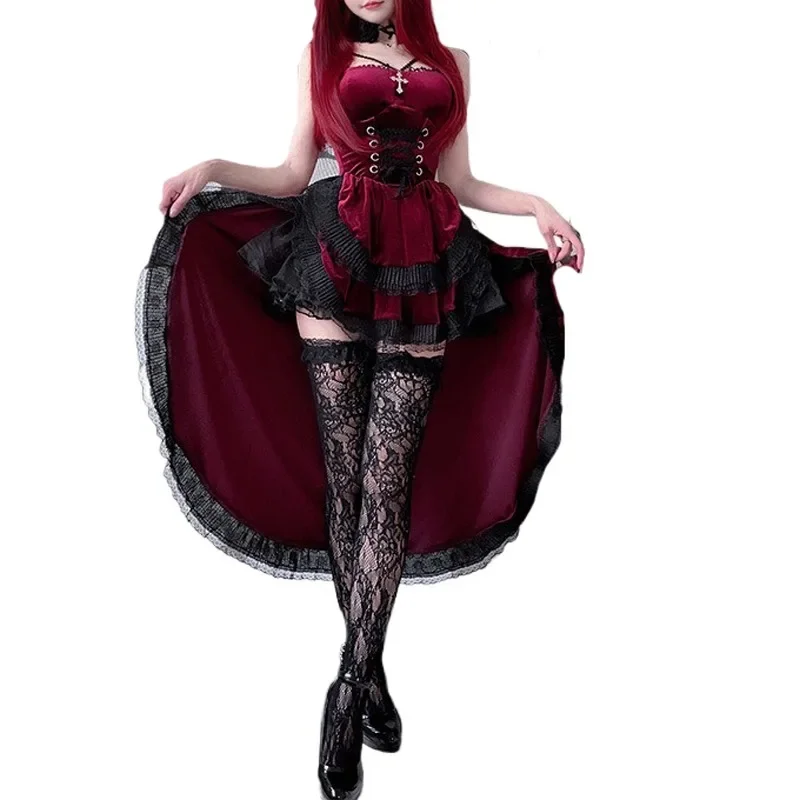 Vintage Dark Gothic Halloween Sexy Lace Dovetail Halter Dress 2024 New Retro Dovetail Witch Demon Vampire Ghost Bridal Dresses