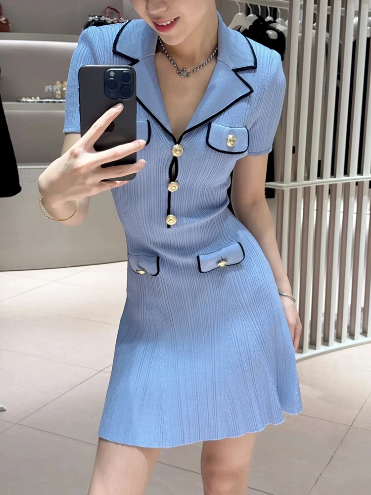 V-neck short-sleeved knitted dress temperament elastic slim-fit women's dress spring new mist A-word dresses vestidos para mujer