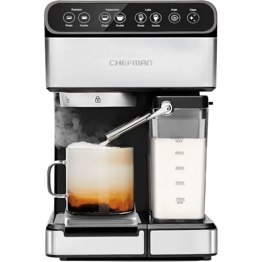 

6-in-1 Espresso Machine with Built-In Milk Frother, 15-BAR Pump, Digital Display, One-Touch Single or Double Shot