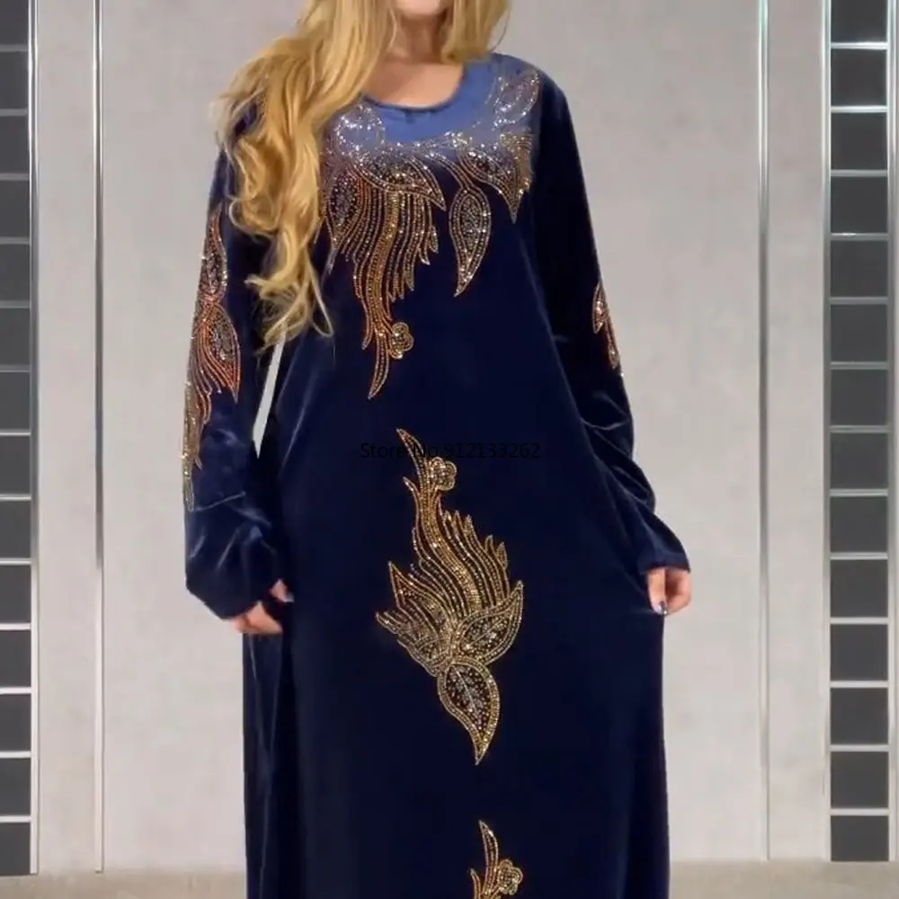 Polyester African Dresses for Women Summer African Women Long Sleeve V-neck Solid Color Long Dress African Robes  Freee size