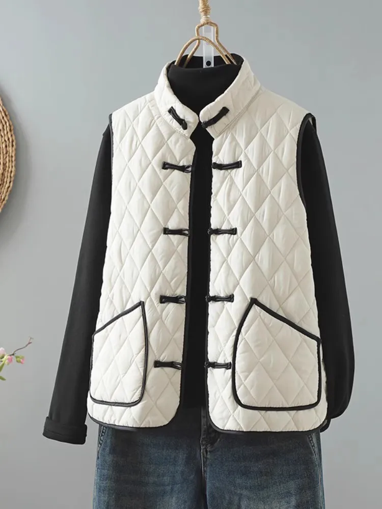 Chinese Style Buttons Women Cotton-padded Waistcoat 2024 New Winter Vintage Plaid Female Stand Collar Quilted Vest Jackets