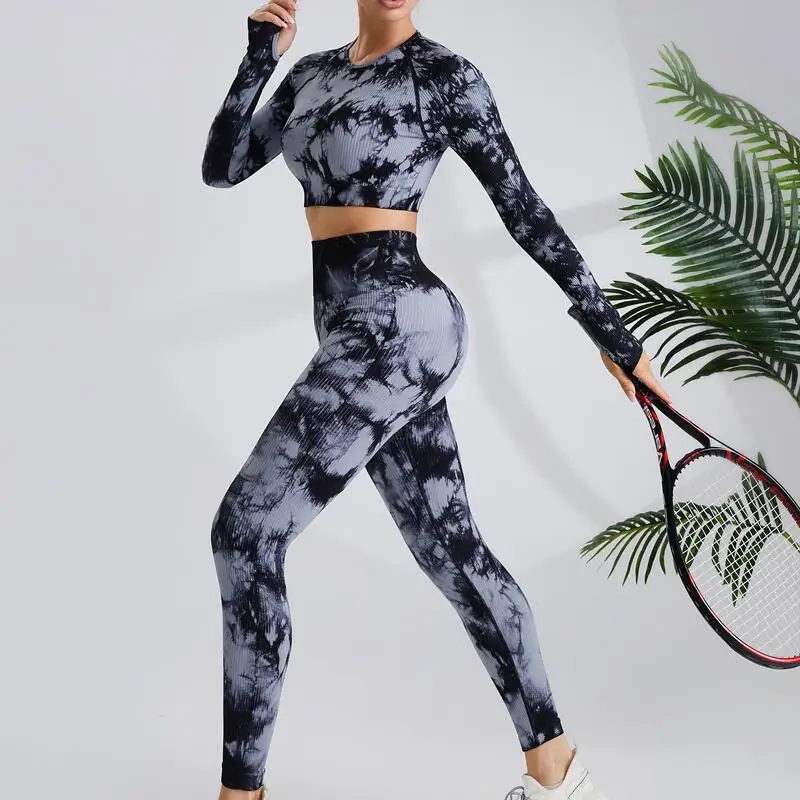 

Tie Dye Yoga Set Women Long Sleevees Sports Crop Top+Hip Lifting Yoga Pants Sports Set Running Fitness Suit Yoga Suit Sportswear