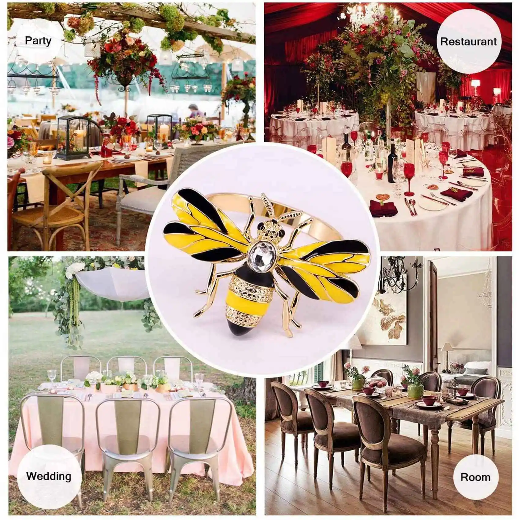 B84B-Set Of 20 Bee Napkin Buckle Napkin Ring Alloy Insect Diamond Buckle Paper Towels Napkin Holder