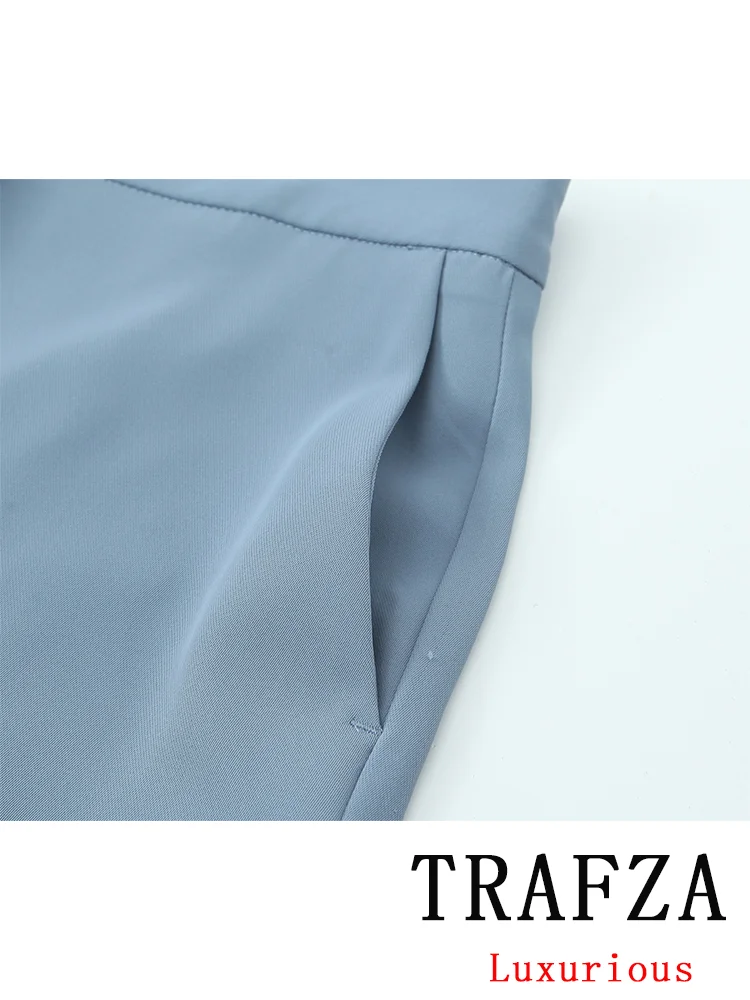 TRAFZA Vintage Casual Chic Solid Women Suit Strapless Sleeveless Pleated Top Loose Straight Pants New Fashion 2024 Autumn Suits