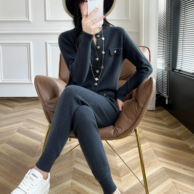 Fashion Two-piece Suit 100% Wool Cashmere Suit Women's Round Neck Cardigan Casual Pencil Pants 2025 Spring/Autumn New Female Set