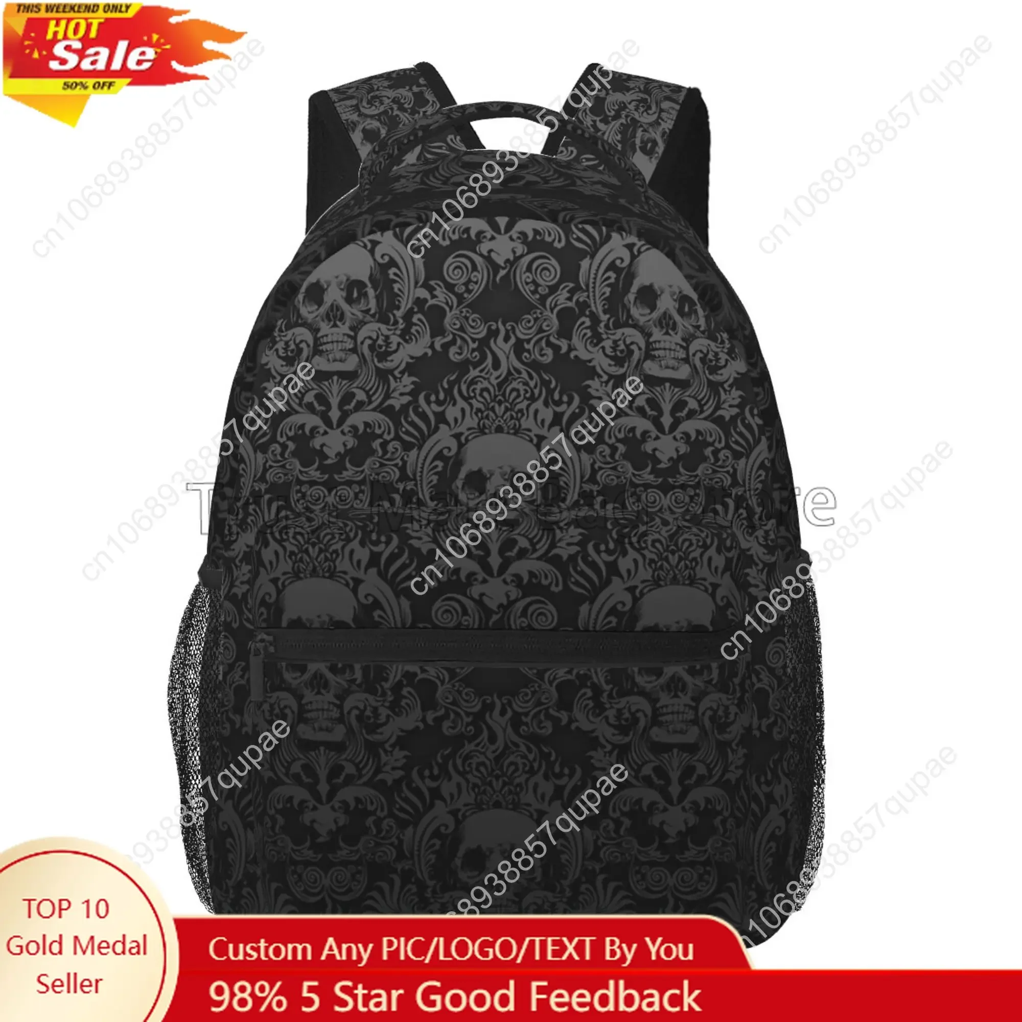 Goth Gothic Black Skull Damask Pattern Backpack Unisex Casual Laptop Backpacks School Bookbag Travel Hiking Camping Daypack