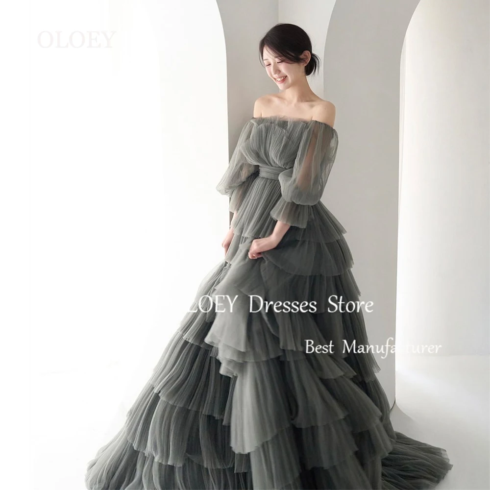 OLOEY Luxury Off Shoulder Prom Dress Korea Photoshoot Tiered Silky Tulle Wedding Party Gown Floor Length Custom Made