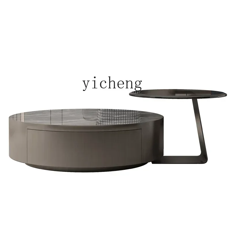 Zc Modern Minimalist Living Room High-Grade Designer Glass round Band Drawer Stainless Steel Stone Plate Coffee Table