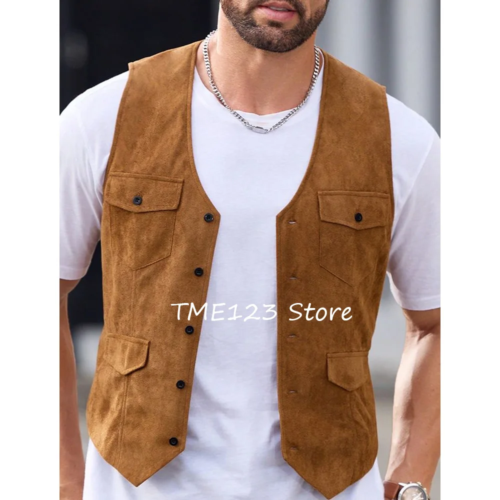 

Мужской жилет, модный костюм, повседневные однобортные костюмы, замшевые жилеты, мужской жилет с v-образным вырезом для мужчин, двойные нагрудные карманы, жилет