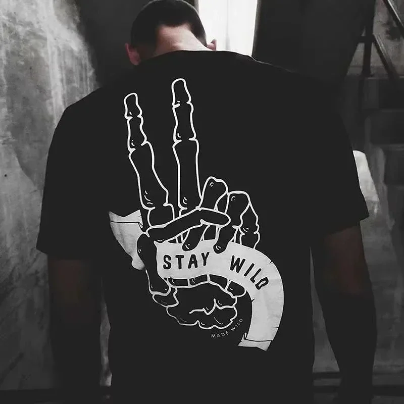 高品質ゴシックスカルプリントメンズ Tシャツ綿ファッション半袖トップパンクスカルヴィンテージカジュアルオーバーサイズ Tシャツ