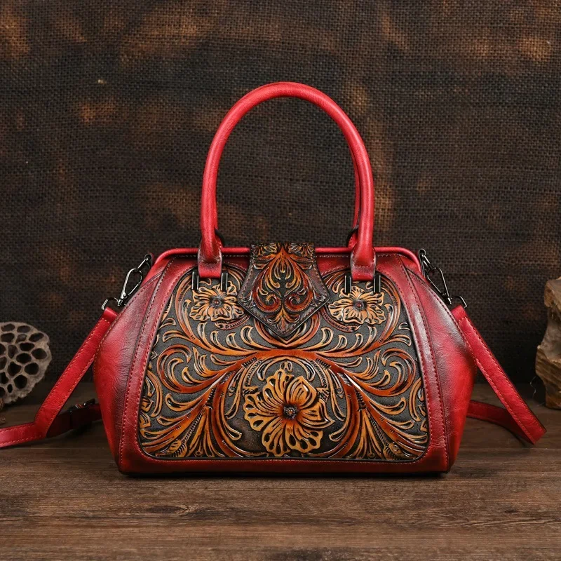 Vintage Women Handbag Floral Bag Ladies Shopping Leather Handbags 2024 Winter Handmade Chinese Style Female Tote Shoulder Bags