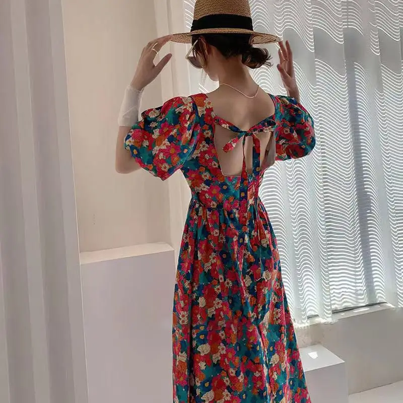 Korejpaa Beach Dress Elegant Square Collar Backless Oil Painting Floral Summer Dresses Elegant Slim High Waist Vestidos Femme