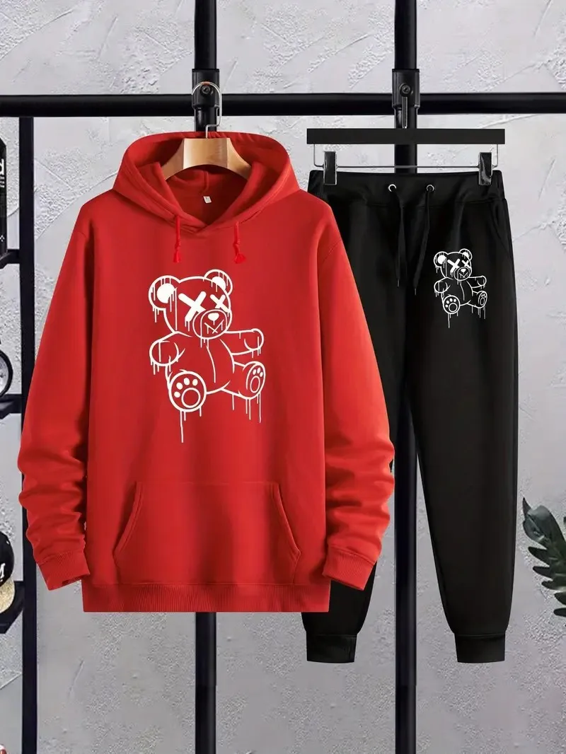 2025年秋新作 3Dクマプリント 快適でおしゃれなカジュアルメンズアウトドアスポーツスウェット上下セット