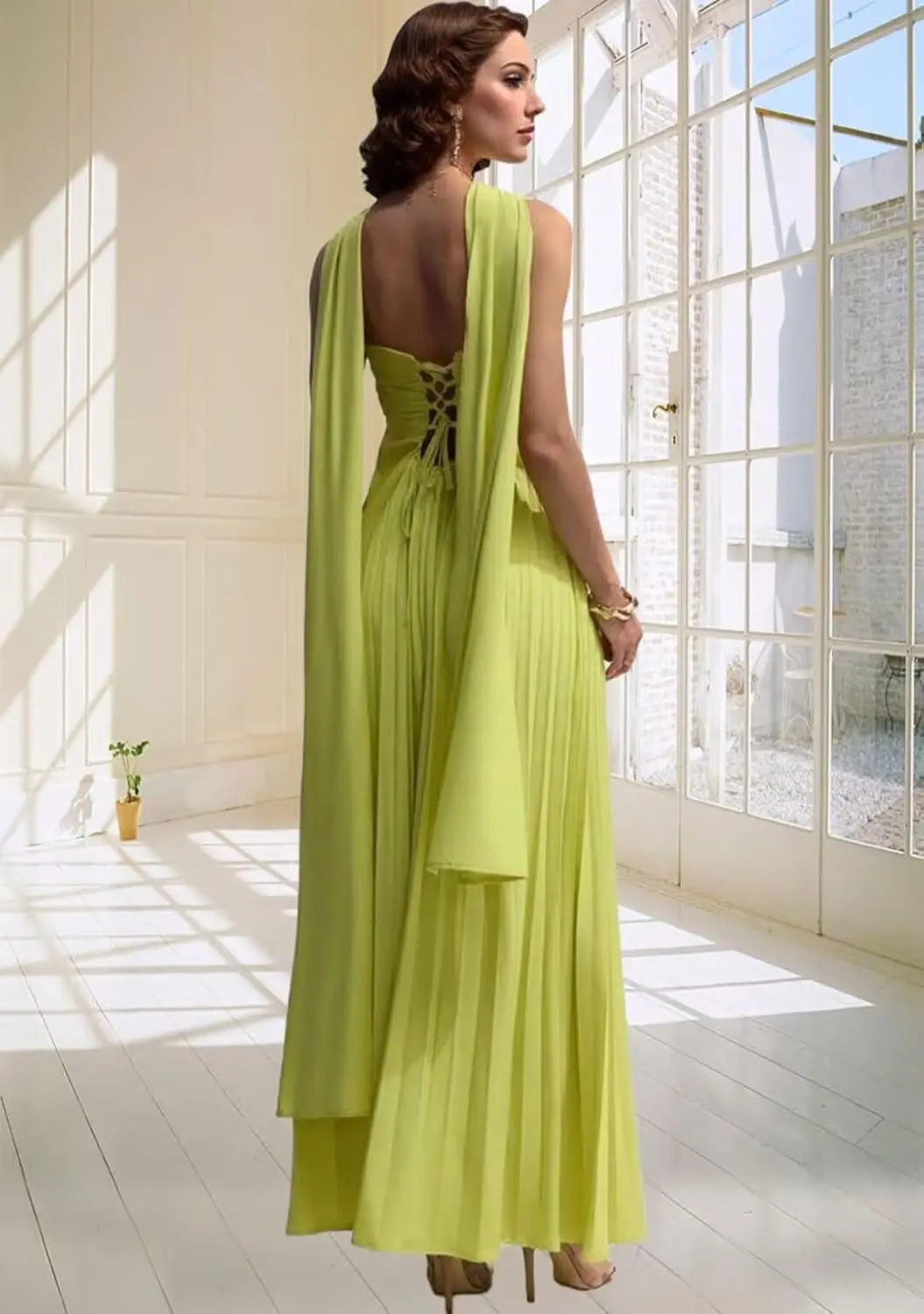 ชุดเพื่อนเจ้าสาวผ้าชีฟองยาวทรงพลีทพร้อมผ้าพันคอ ทรงเอไลน์ สายเดี่ยว ชุดราตรีสำหรับแขกในงานแต่งงาน ชุดราตรีงานเลี้ยง ชุดออกงานพรอม