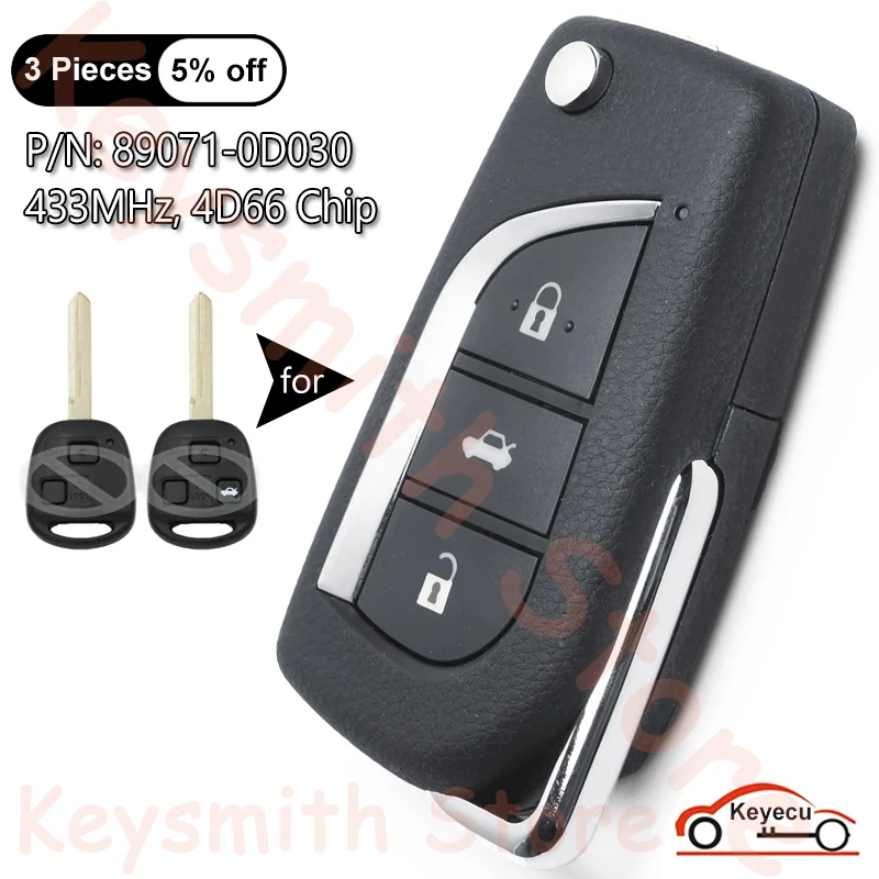 

KEYECU Upgraded Flip Remote Key for Toyota Yaris Avensis Corolla Carina, Fob 2 3 Buttons 433.92MHz ID4D66 Chip P/N: 89071-0D030