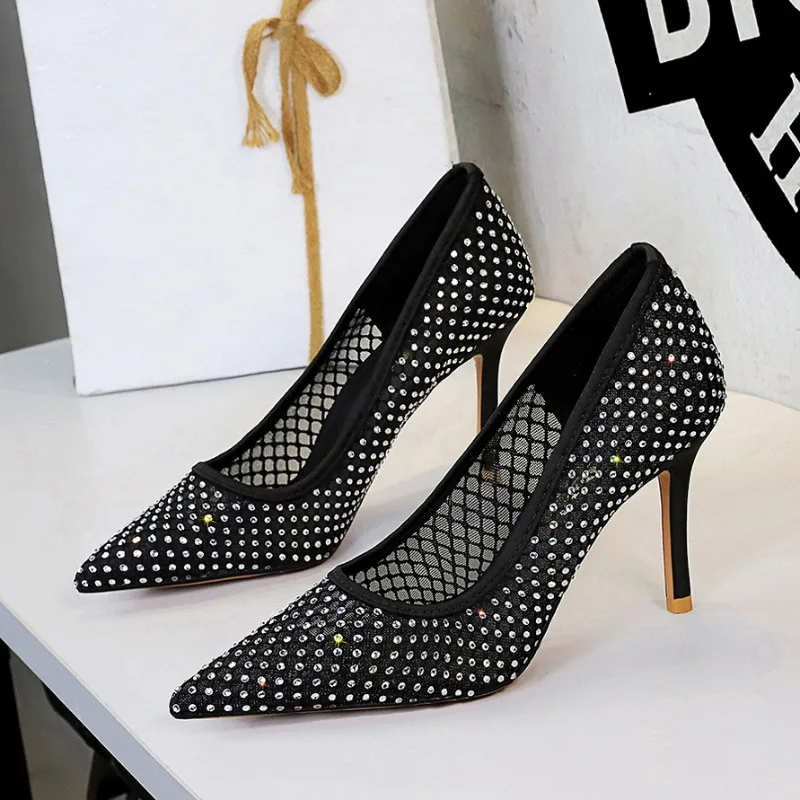 

Women's Pumps and Heels Rhinestone Mesh High Heels for Women Pointed Toe Light Luxury Dress Wedding Shoes Stiletto Single Shoes