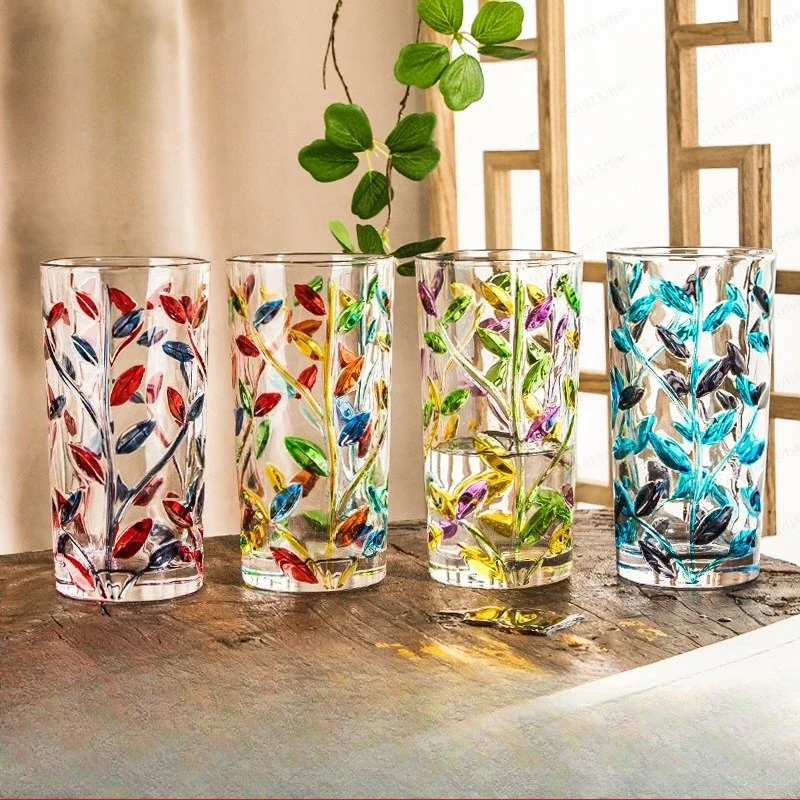Creative hand painted branch glass engraved water cup ins relief colored leaf cup