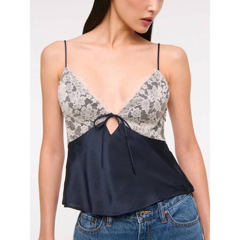 QICHE New Hot‑Sale Women European Sexy Halter Camisole V‑Neck Lace‑Spliced Low‑Cut Backless Polka‑Dot Sleeveless Blouse Top