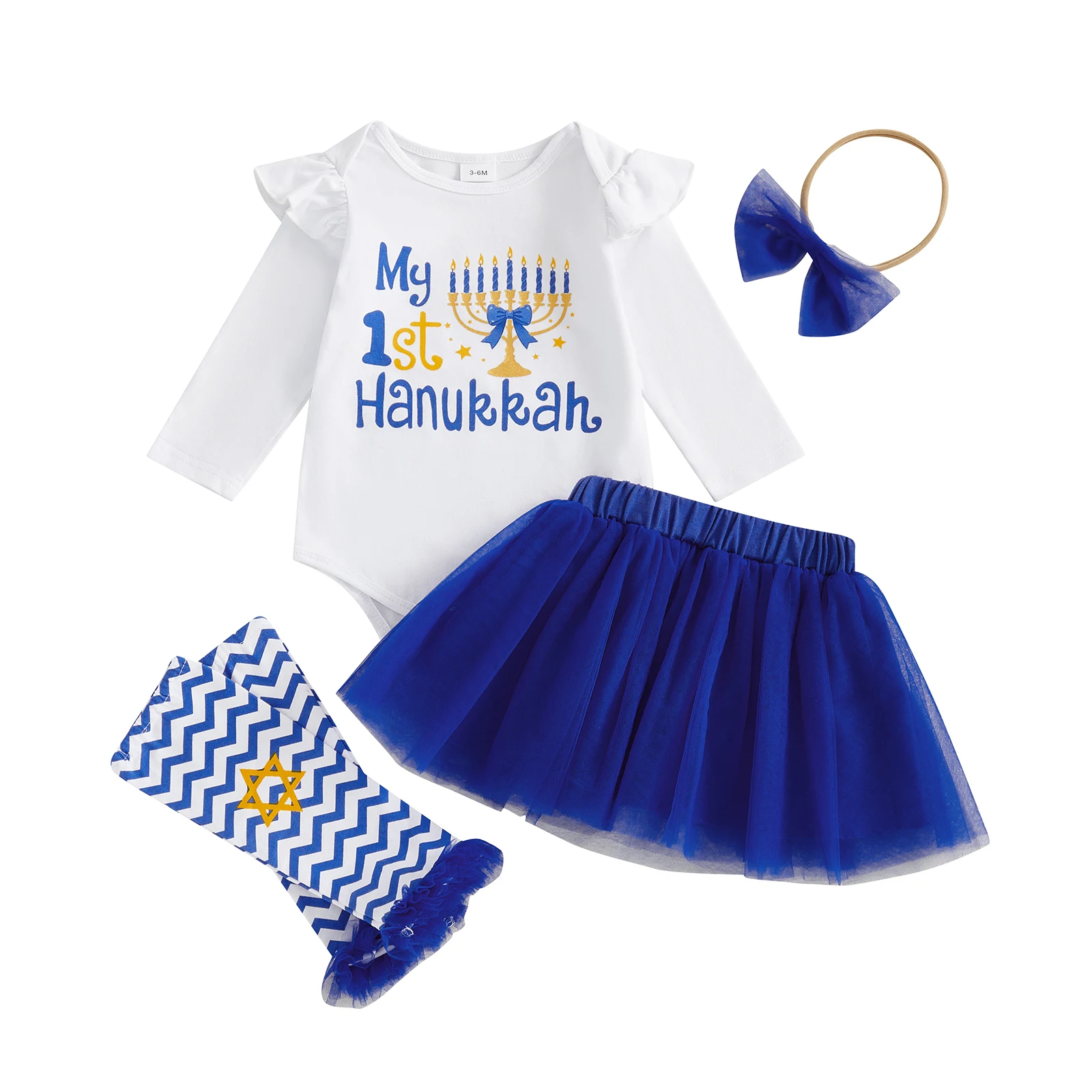 

Наряды для первого Хануки для маленьких девочек, комбинезон с длинными рукавами и круглым вырезом с буквенным принтом, тюлевая юбка, повязка на голову с бантом, гетры