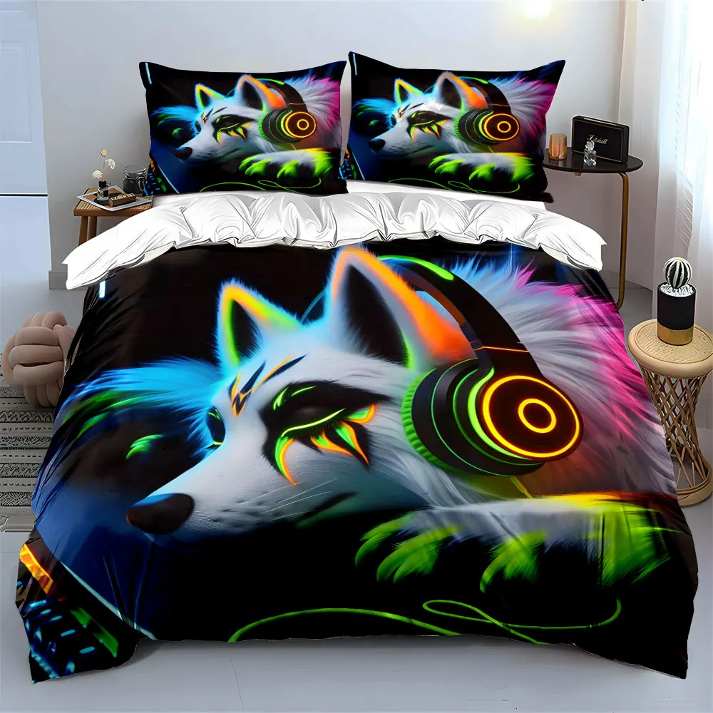 Neon wolf with glowing headphones Print Bedding set 3PC 1 duvet cover 2 pillowcases adult and children bedding set Luxury
