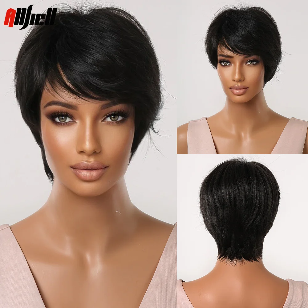 Wig Sintetis Hitam Bob Pendek dengan Poni Wig Wanita Potongan Pixie untuk Wanita Wig Afrika Rambut Pesta Sehari-hari Menggunakan Serat Tahan Panas