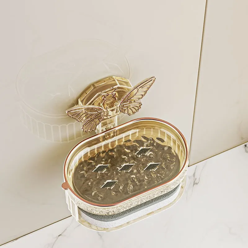 Suction Cup Soap Holder with Butterfly Design, Double Layer Soap Box with Sponge and Drainage, No Drilling Soap Storage Shelf