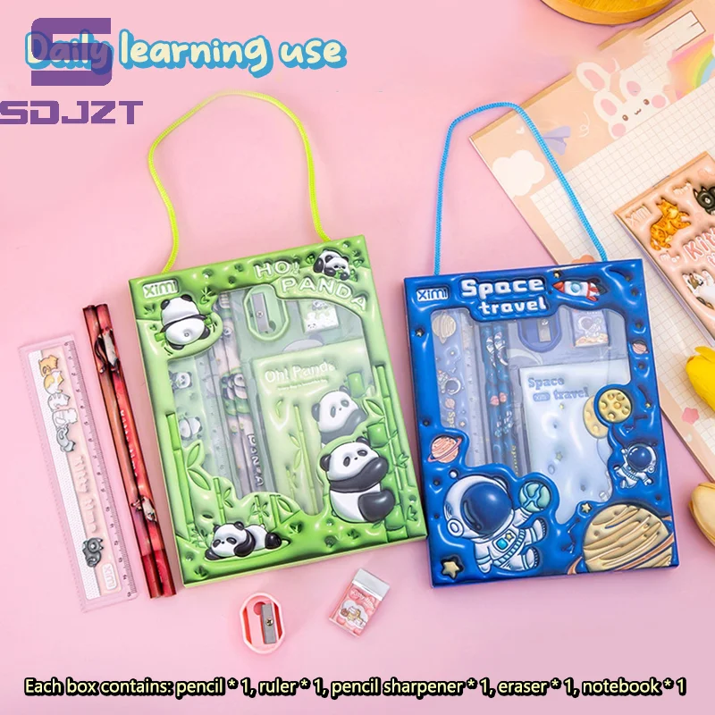 Cartoon Handheld Stationary Set Panda Pencil Dragon Eraser Astronaut Ruler Pencil Sharpener Cat Notebook W/Packaging Package