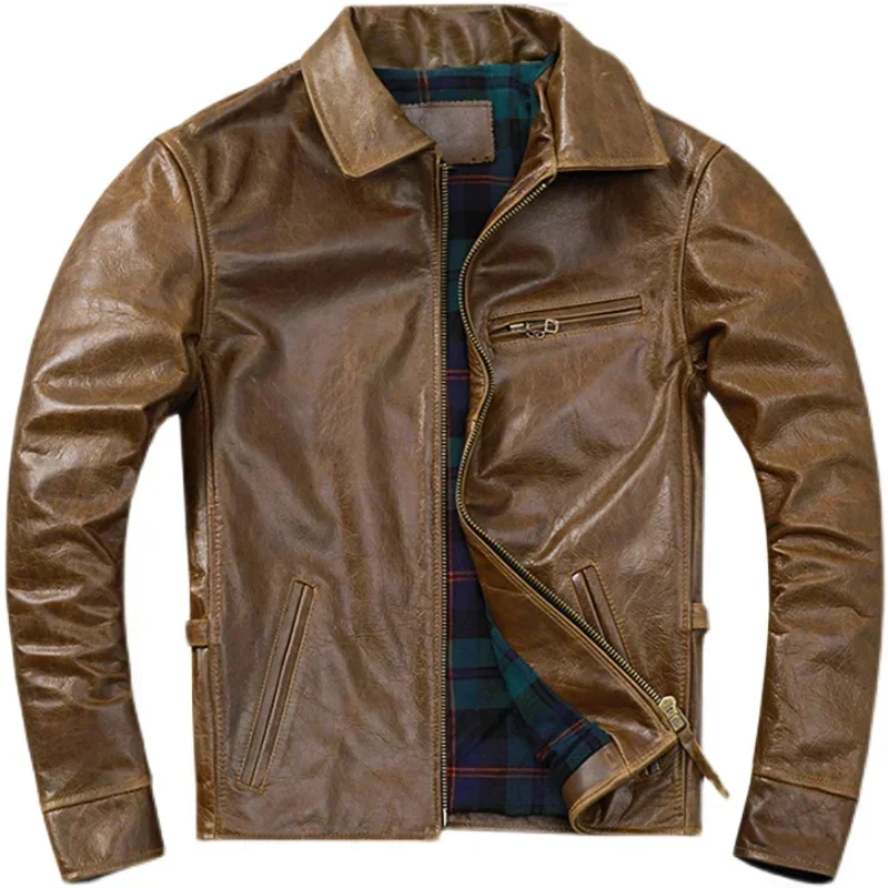 Heavy Oil Wax Imported First Layer Cowhide Leather Coat Men's Classic Lapel Yellow Brown Retro Casual Jacket Scarce