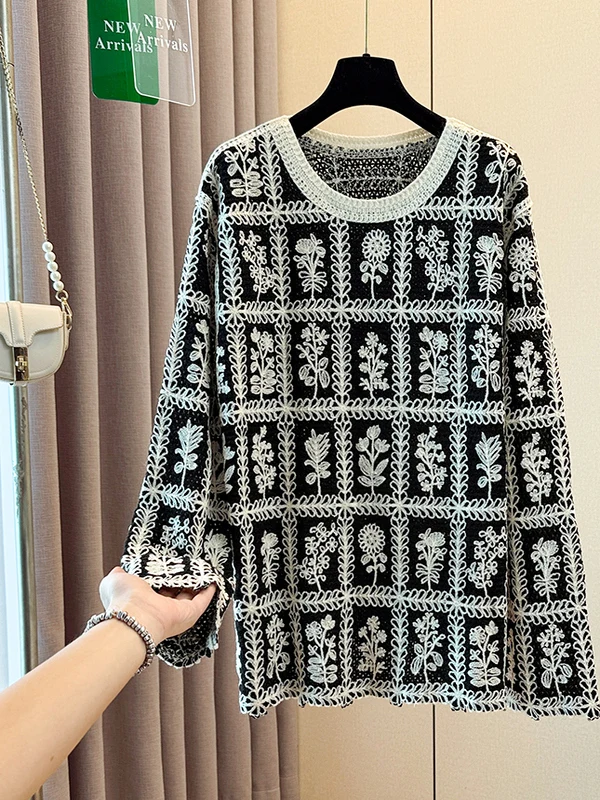 

Loose Long Sve Knitted Sweater Women's round Ne Overhead Sle Korean Faion Design Autumn Winter Floral Pattern Slimming