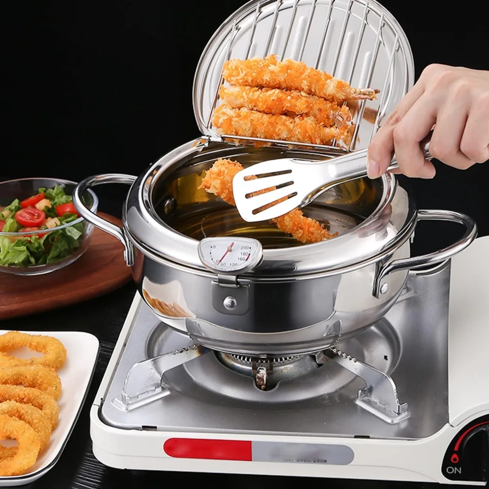 Deep Fryer Pot, 304 Stainless Steel Japanese Deep Fryer with Thermometer for French Fries Shrimp Chicken Wings and Shrimp