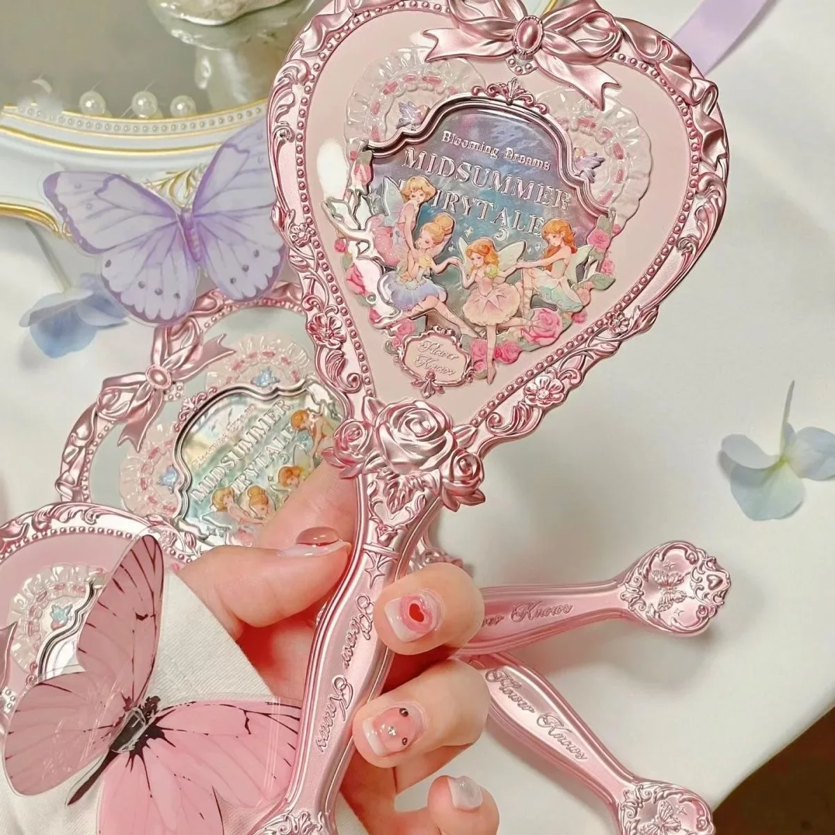 Flower Knows Midsummer Fairytales Collection Hand Mirror Mint Green Exquisite Makeup Milky Pink Mirror