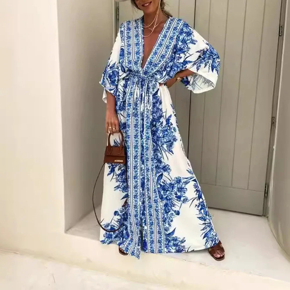 

CPSYMYM Dresses Spring Korean Elegant Fashion Retro Vintage Full Print Long Sleeve V-Neck Maxi A Line Casual Dresses For Women