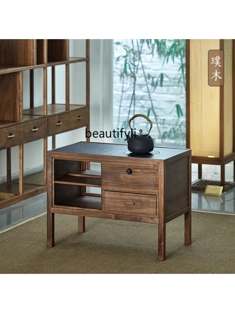 New Chinese Style Black Walnut Tea Cabinet Furniture Water-Boiling Stove Storage Low Cabinet Side Cabinet Solid Wood Living Room